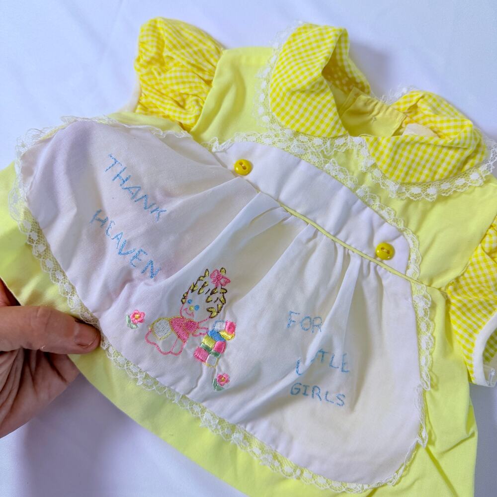 Vintage 70s Cradle Togs Thank Heaven For Little Girls Yellow Pinafore Dress 0-6m